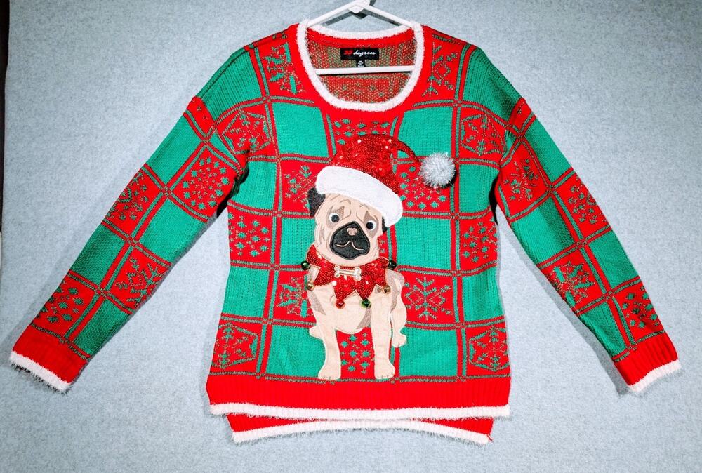 Santa Pug Ugly Christmas Sweater Size M 33 Degrees w/ Bells, Sequins & Pom Pom!